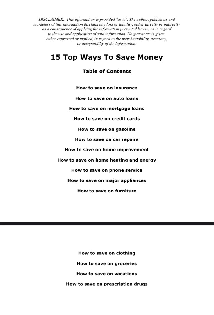 15 Top Ways To Save Money (E-Book)